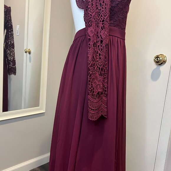 NWT Lulus Burgundy Awaken My Love Long Sleeve Open Back Lace Maxi Dress, Size S - Picture 10 of 16